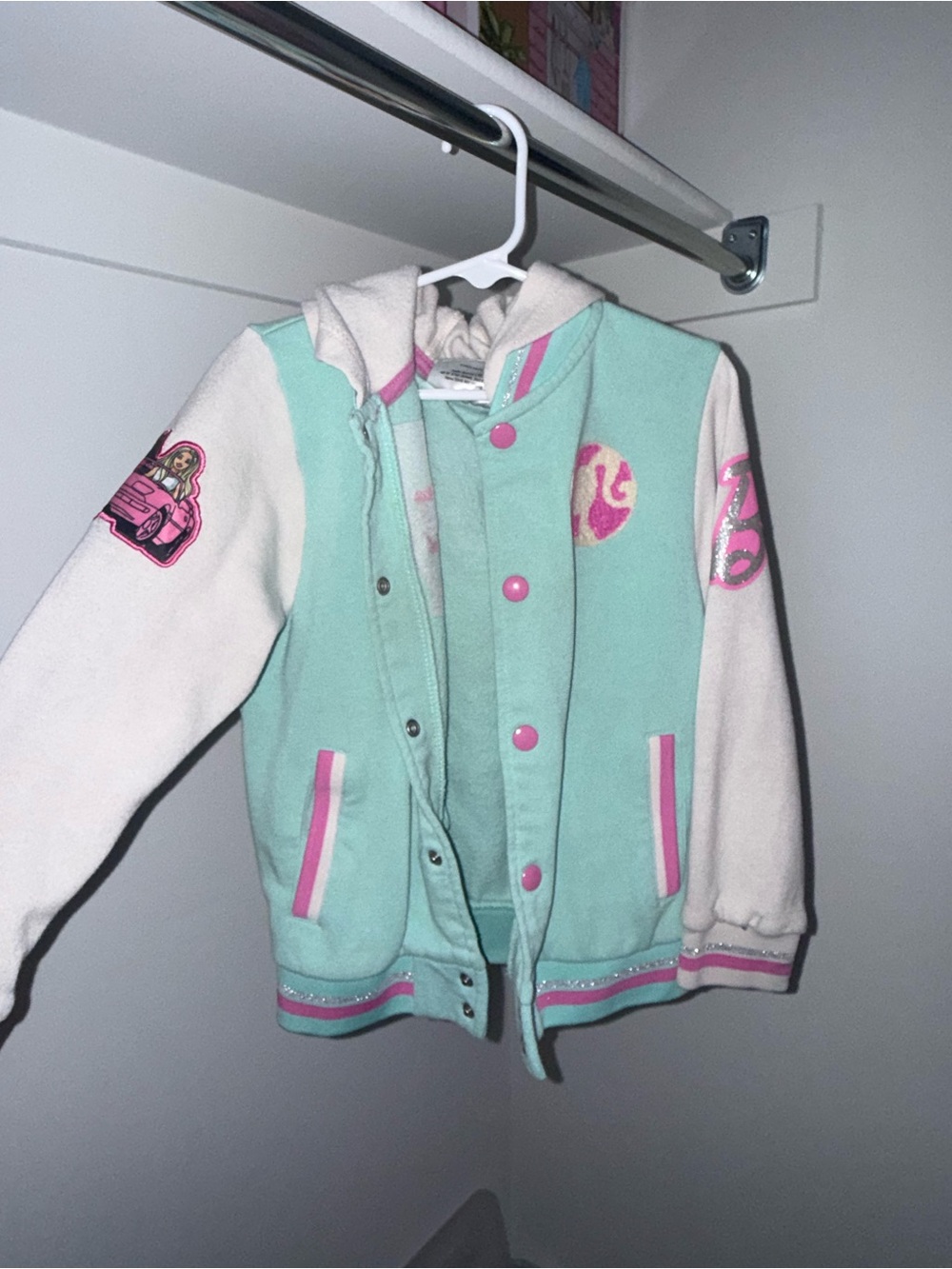 Barbie Mint and Cream Hooded Varsity Jacket with Pink Accents